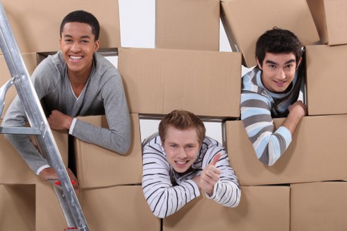 Three young men are engaged in a house removals activity inside a residential property, surrounded by several brown cardboard moving boxes stacked around them. The man on the left, with short dark hair and a grey long-sleeve top, is smiling broadly and leaning casually on a silver ladder positioned on his left side. The man in the middle, with blonde hair and wearing a white and grey striped long-sleeve shirt, is giving a thumbs-up with a cheerful expression, positioned between the boxes. The man on the right, with dark curly hair and wearing a light blue and grey striped sweater, is partially obscured behind the boxes and is looking directly at the camera with a friendly expression. The setting appears to be a cluttered room or hallway with bright, natural lighting. This scene captures a moment of teamwork during a local house move, aligned with the services offered by Croydon Man with Van, a professional removals company operating in the Croydon area, possibly within the CR postcode district, reflecting aspects of house relocation support and packing activities.