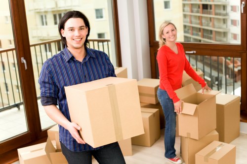 Two women are inside a residential flat preparing for a house move in Croydon, with a large number of cardboard boxes of various sizes, some sealed with packing tape and others open. The woman on the left, wearing a blue striped shirt, is smiling at the camera while holding a medium-sized cardboard box. The woman on the right, dressed in a red top and jeans, is standing next to an open box, organizing or packing items. Large windows behind them reveal a view of a residential street with modern apartment buildings and balconies. The room is well-lit with natural daylight, and the wooden window frames complement the neutral interior walls. The scene highlights preparation for a local move, typical of services offered by Croydon Man with Van, who specialise in house removals including packing and loading within the Croydon area. The setting suggests an active and organized moving process taking place in a typical suburban flat environment. The overall atmosphere is professional, calm, and indicative of a household transition process.